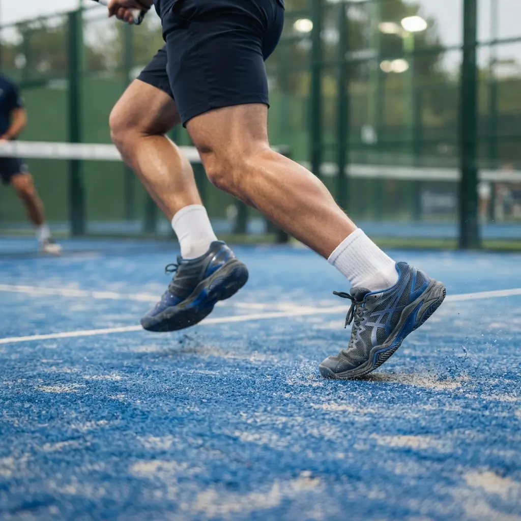 Player's feet mid-stride on a pickleball court