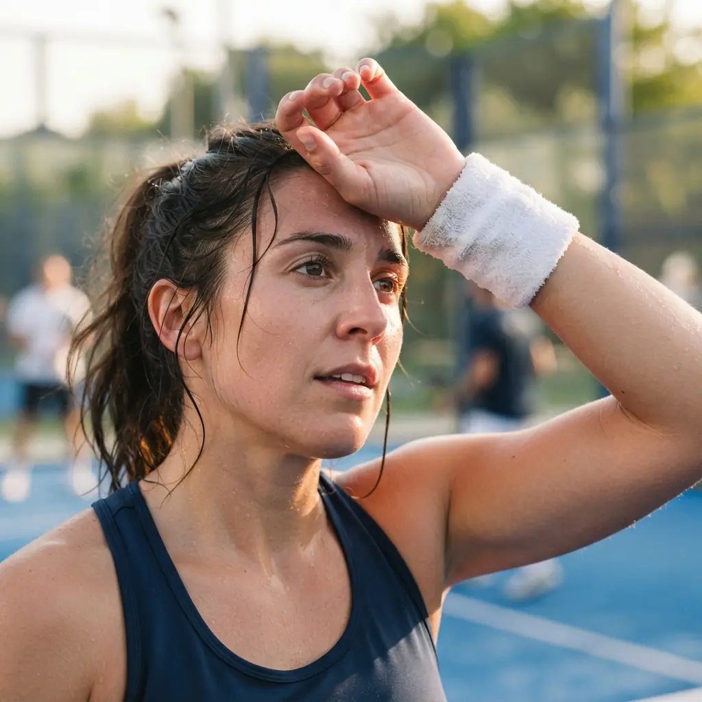 Candid close-up of a player wiping sweat from their forehead courtside