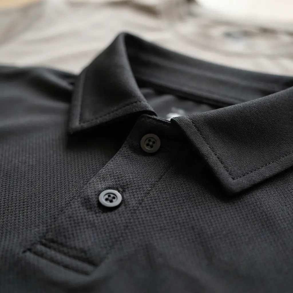 Black performance polo shirt fabric detail