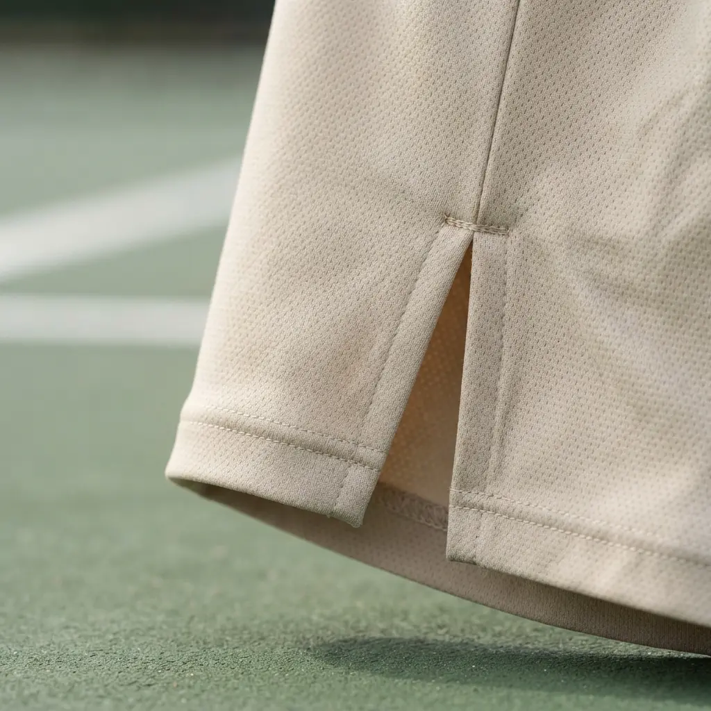 Close-up of an athletic shorts hem and stitching