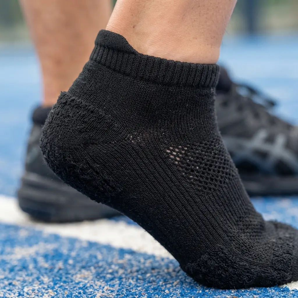 Black cushioned athletic sock knit pattern