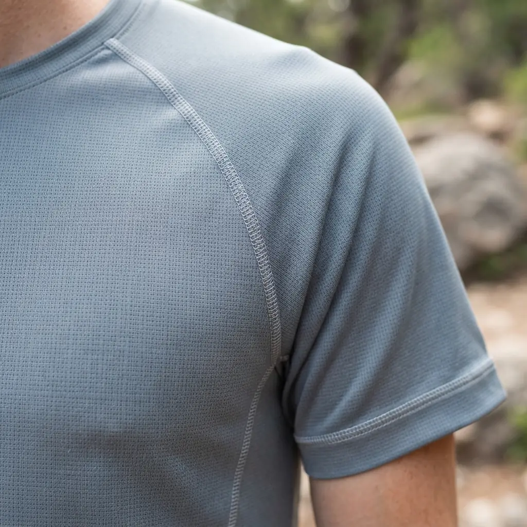 Raglan-sleeve athletic t-shirt fabric detail