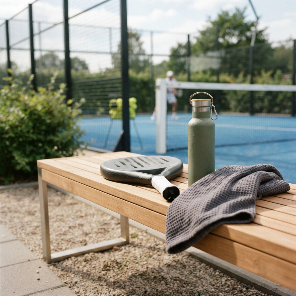 A pickleball paddle resting on a wooden courtside bench beside a water bottle and travel bag