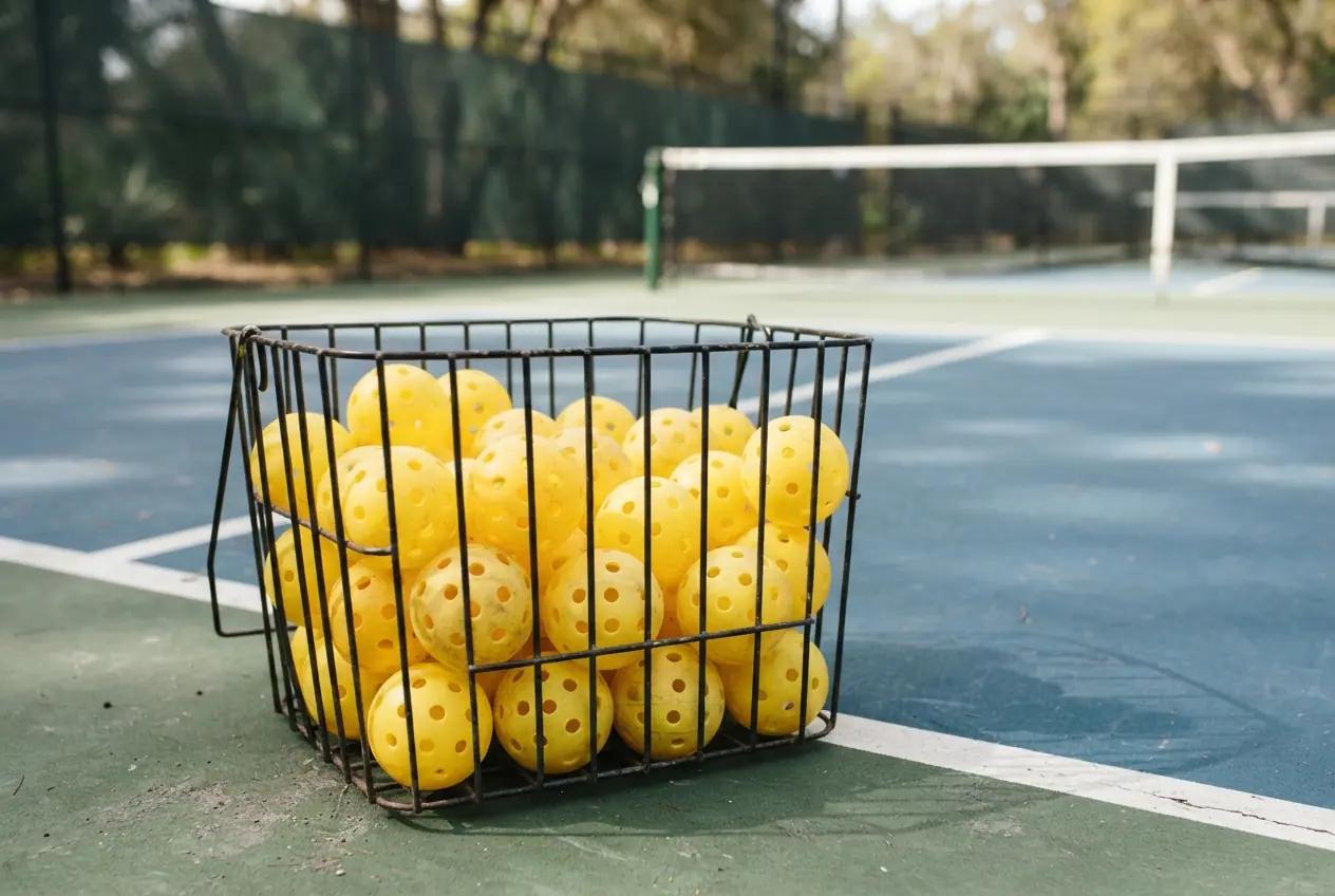 Championship outdoor pickleballs in a basket on court