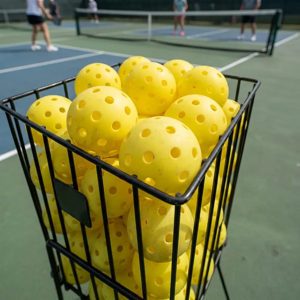 Pile of bright yellow pickleballs in a wire ball hopper