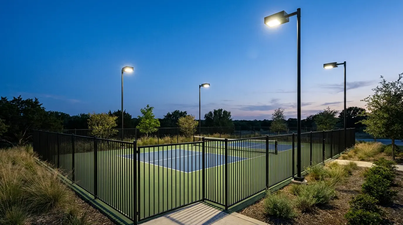 Empty outdoor pickleball court at dusk with stadium lights just turned on