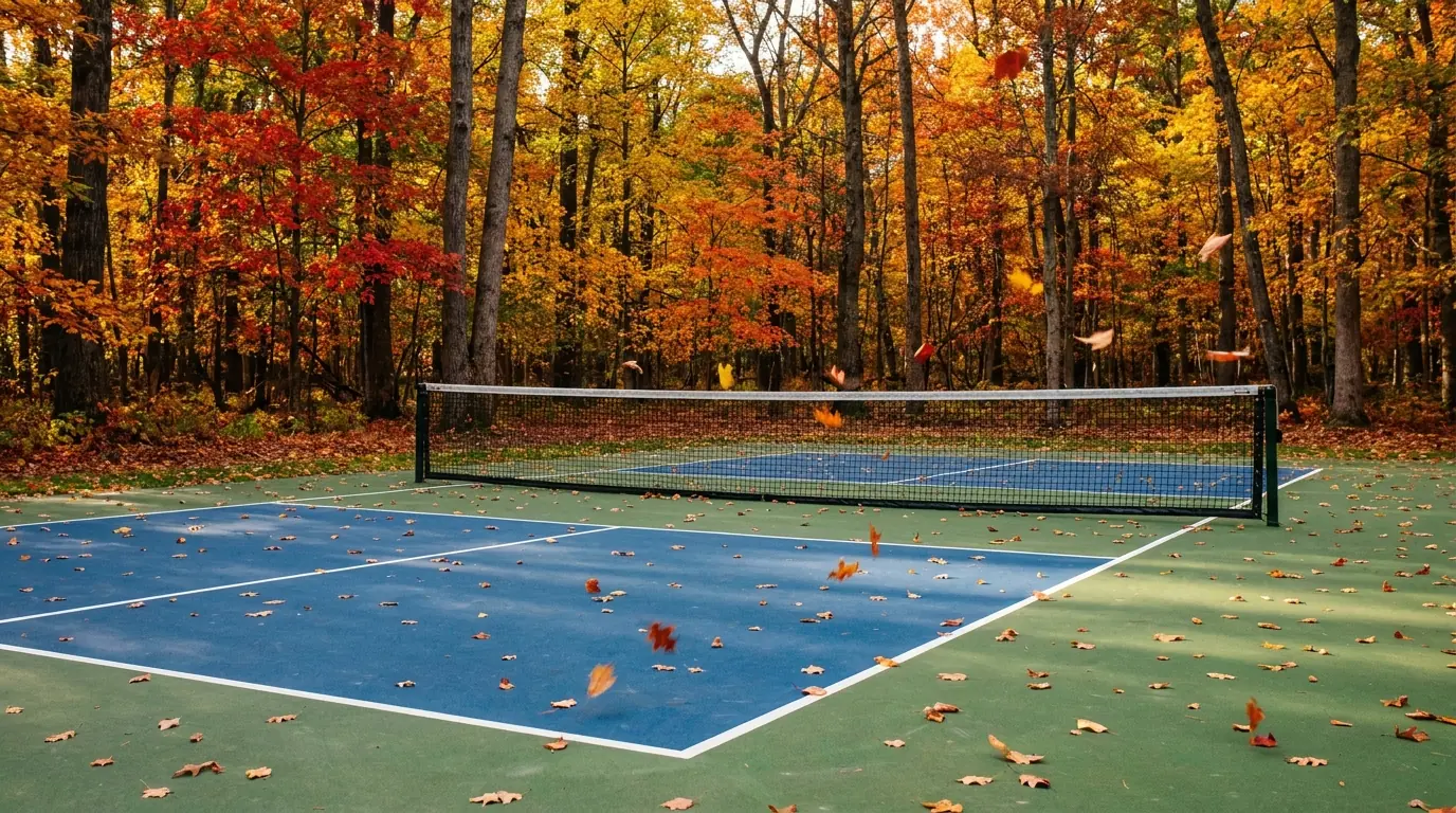Outdoor pickleball court framed by trees