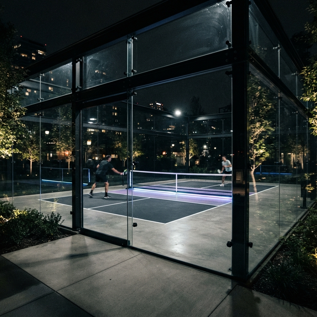 Glass-enclosed pickleball court glowing at night with two players mid-rally against a city skyline