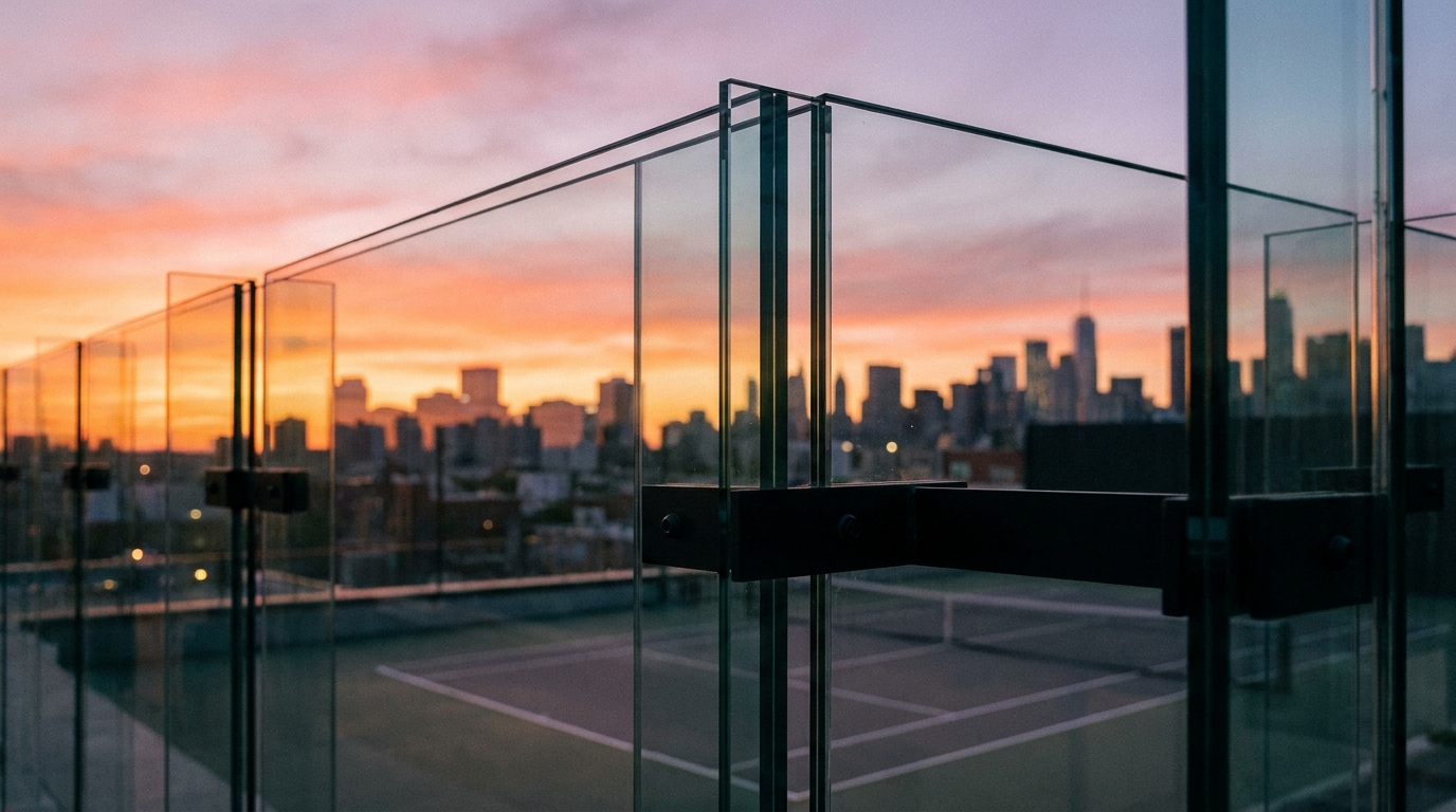 Sunset skyline reflected in a glass court wall