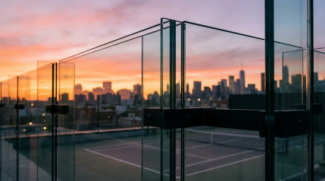 Reflective glass court wall suggesting polarized eyewear