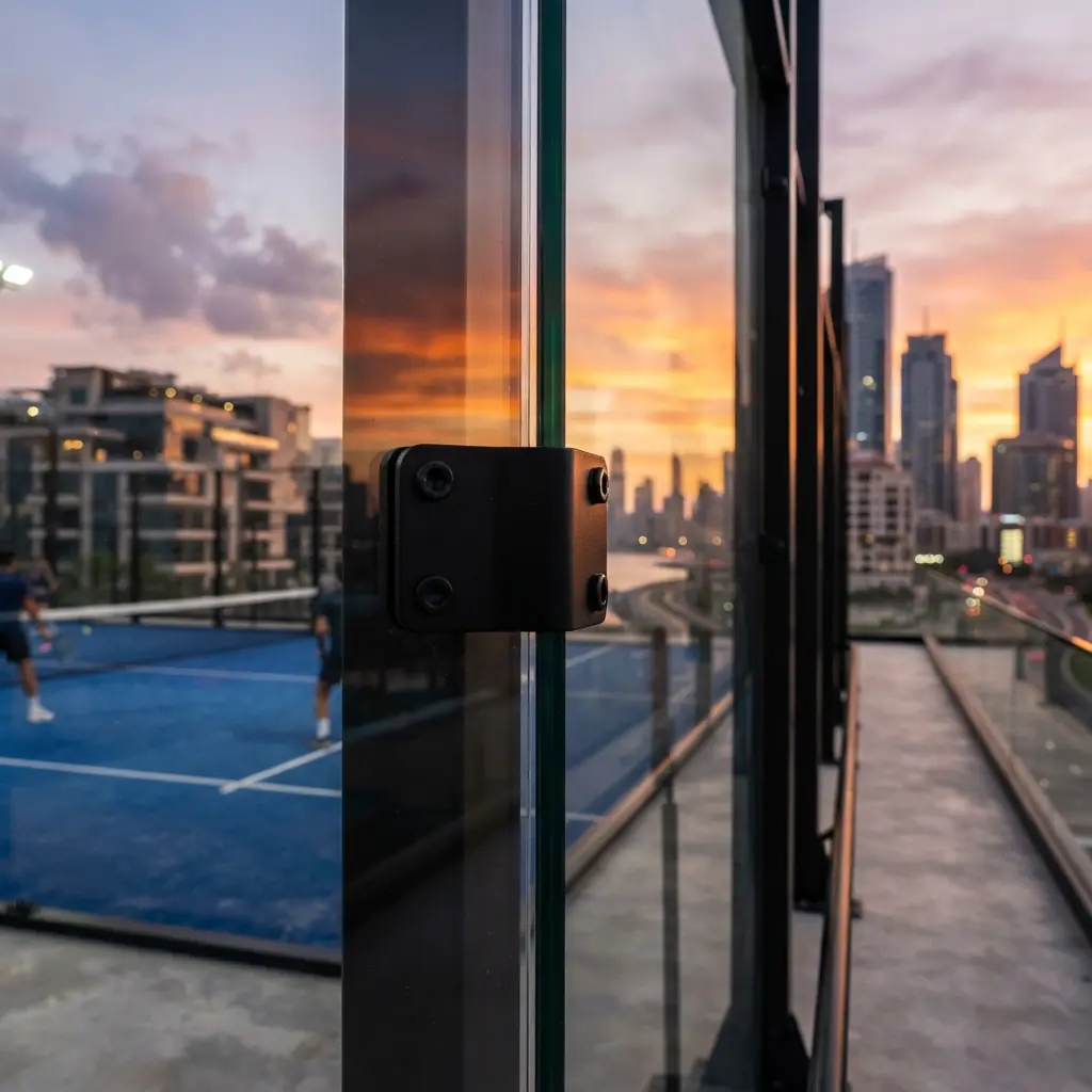 Reflective glass court wall suggesting polarized eyewear