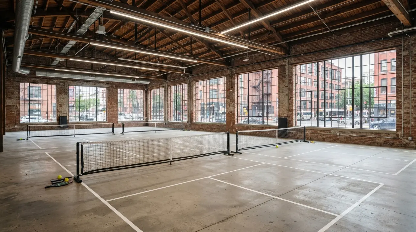 Indoor pickleball facility in a converted industrial loft in Denver, Colorado