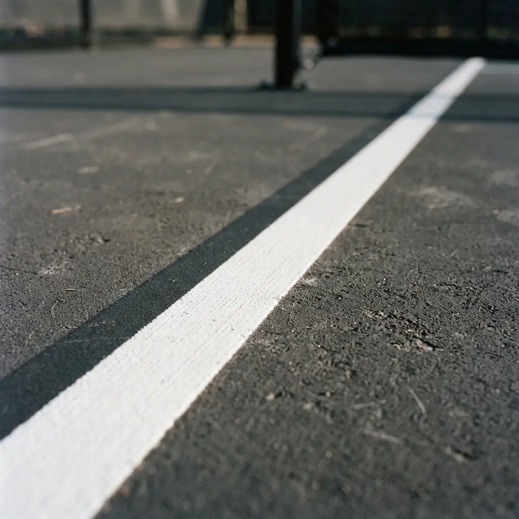 Crisp white pickleball court line on textured surface