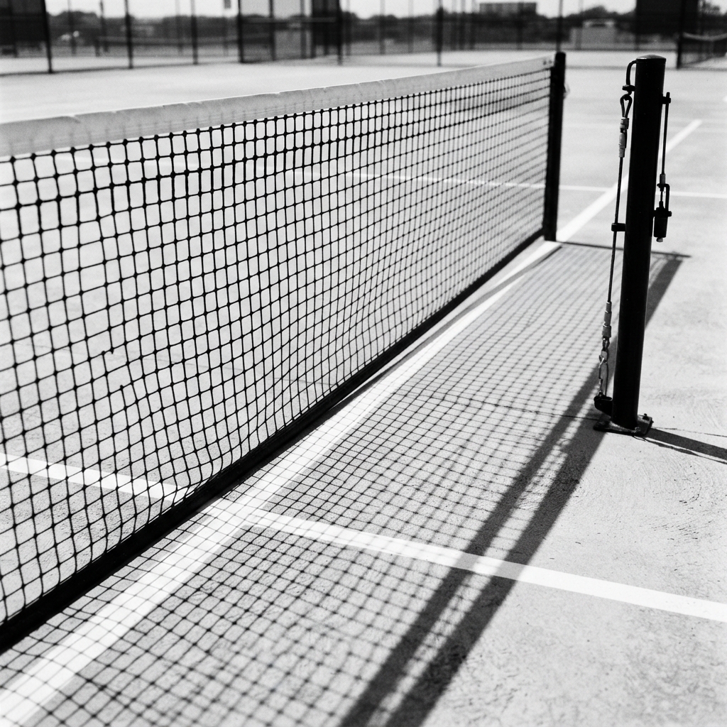 Close-up architectural detail of a pickleball net and court lines