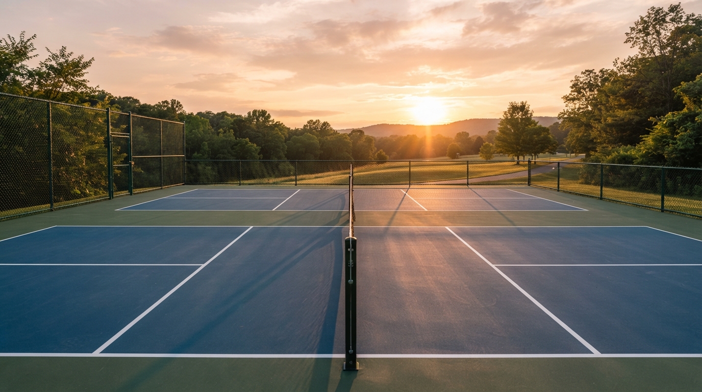 Outdoor pickleball courts at sunset in Dallas, Texas