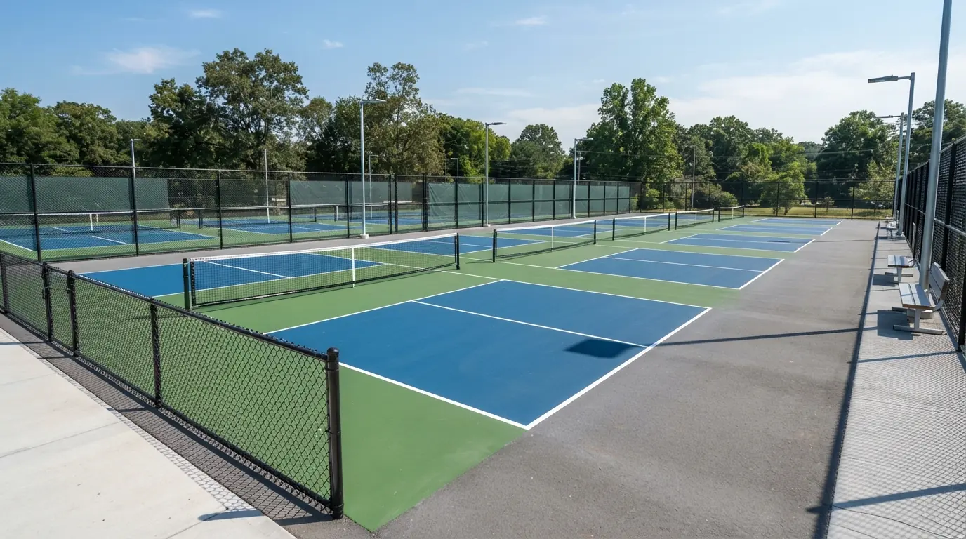 Row of empty pickleball courts at a modern facility