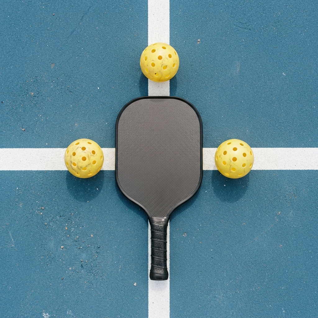Outdoor pickleball court with a paddle and yellow balls on the surface