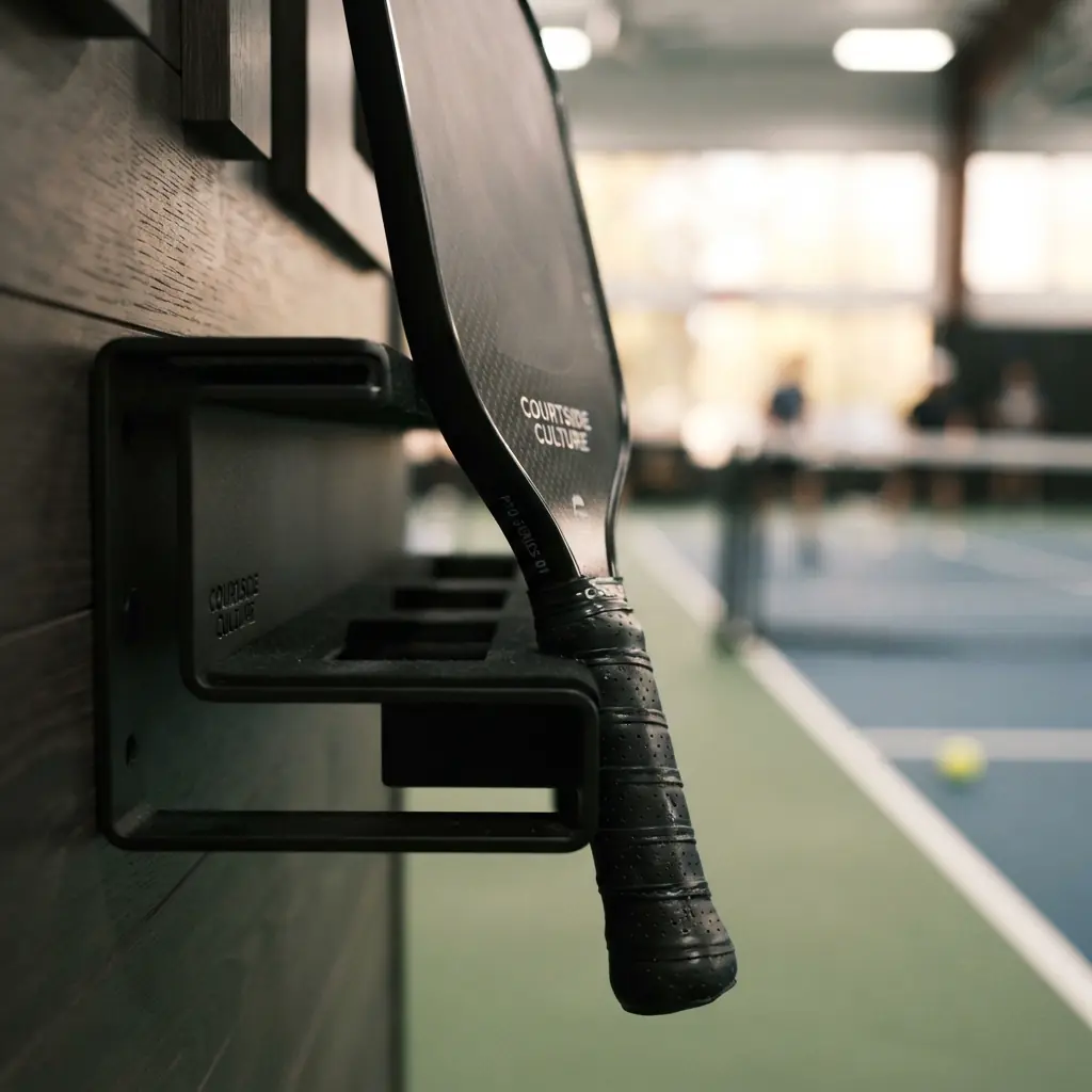 Close-up of a pickleball gear storage rack