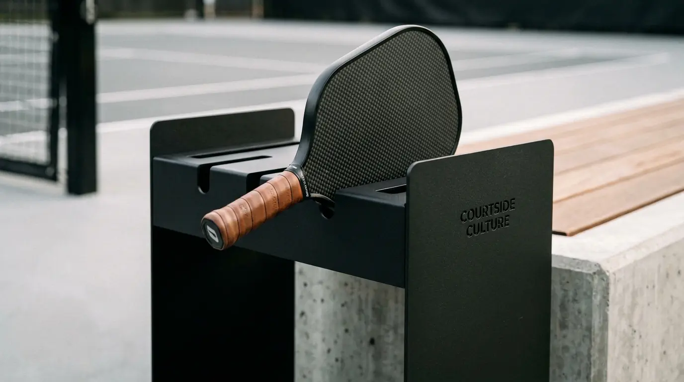 Sleek black courtside gear storage rack