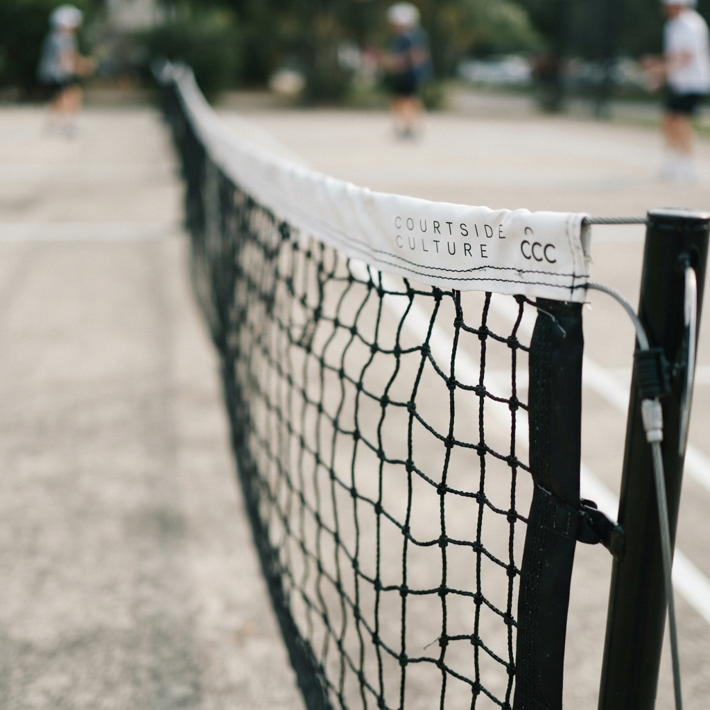 Close-up detail of a pickleball net