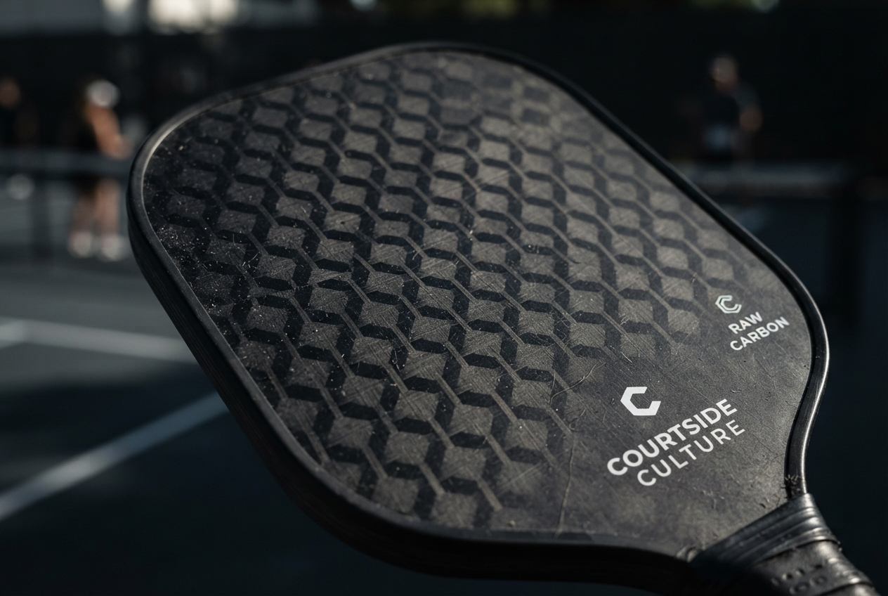 Macro close-up of a raw carbon fiber pickleball paddle face showing the weave texture