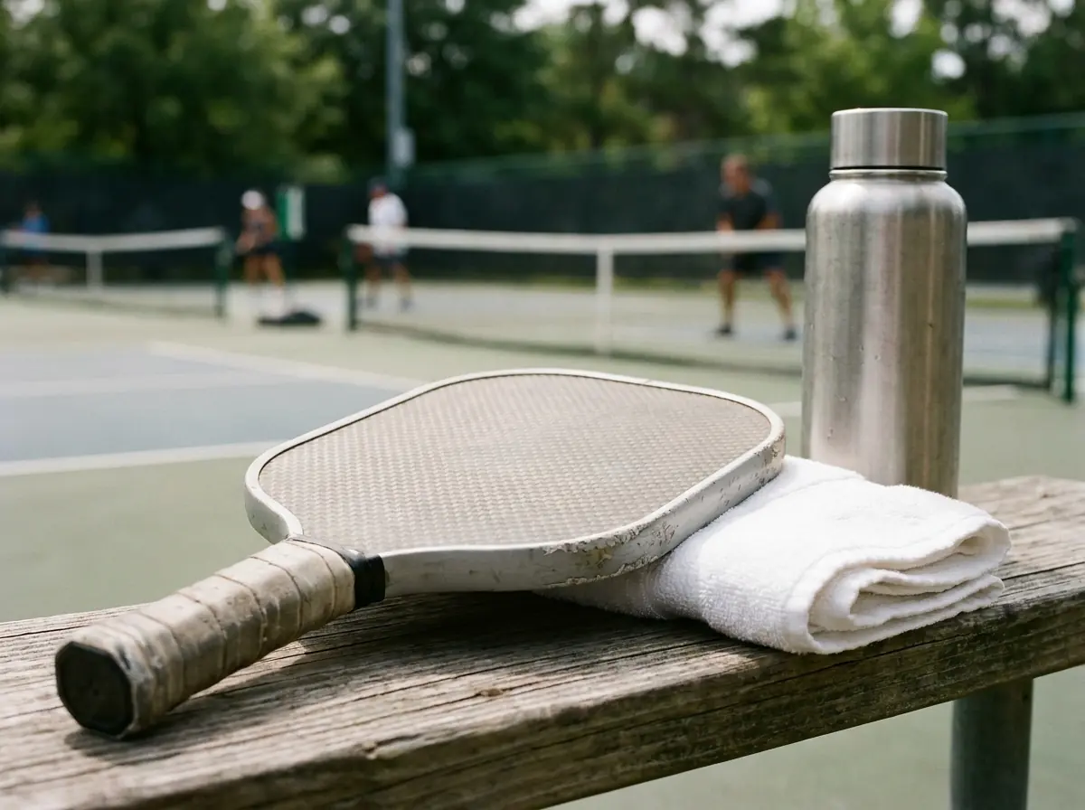 Pickleball paddle resting on a courtside bench