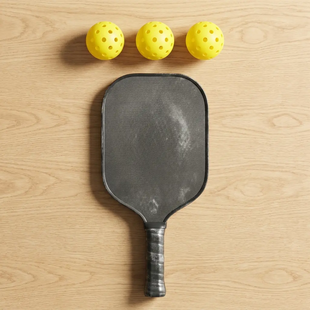 Flat lay of a pickleball paddle and three balls on a court surface
