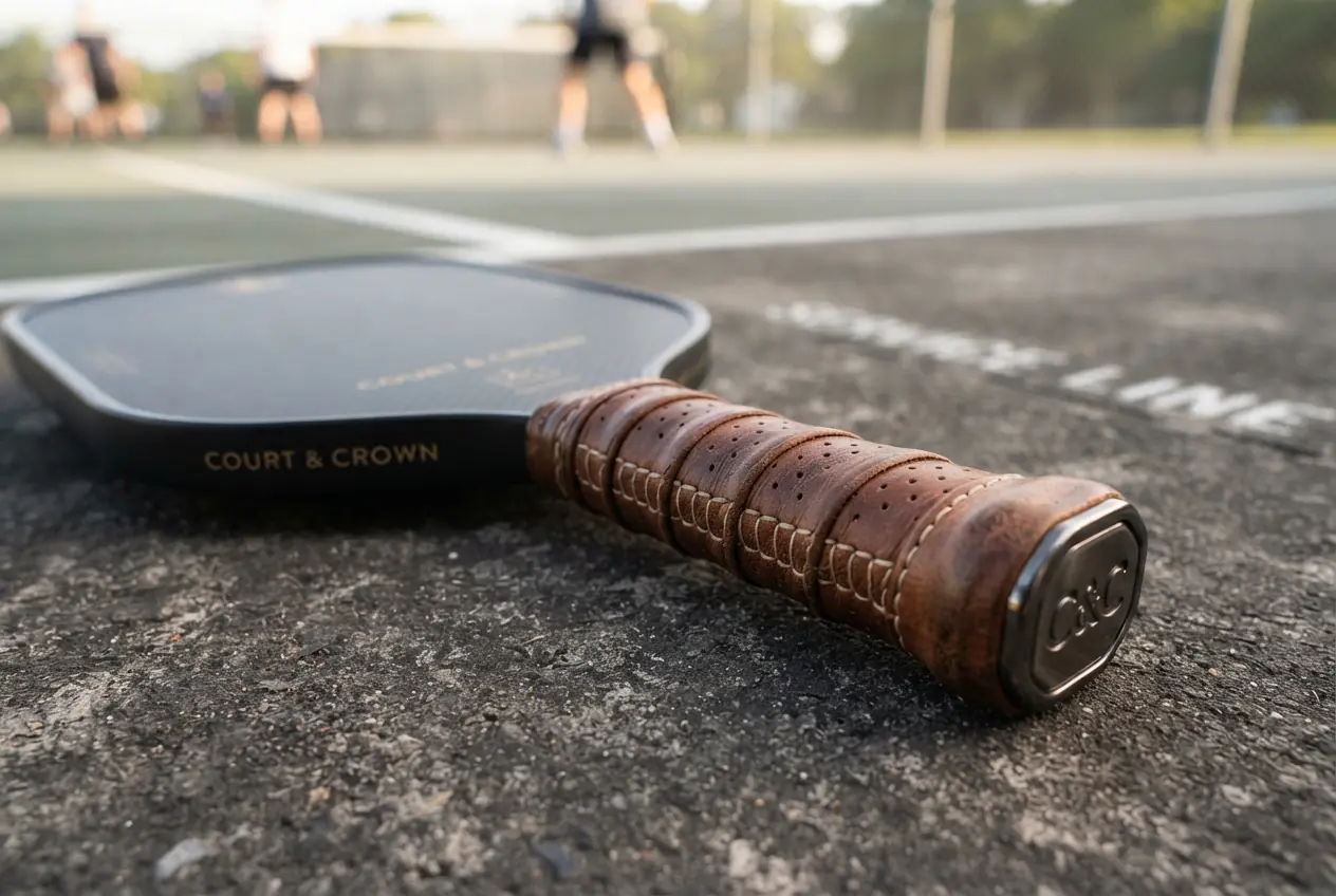 Close-up of a pickleball paddle leather-style handle