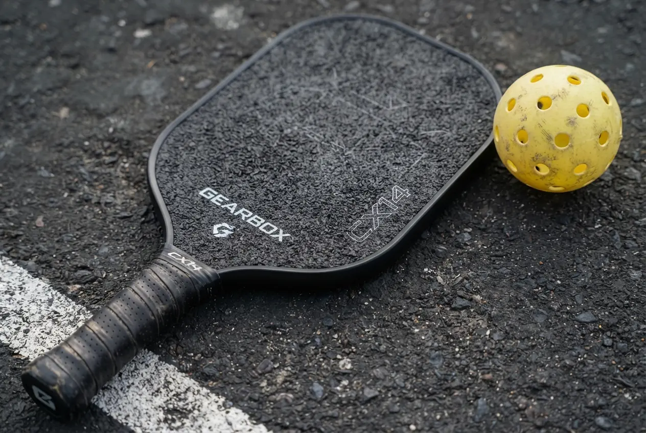 Premium pickleball paddle shot from directly above on the court