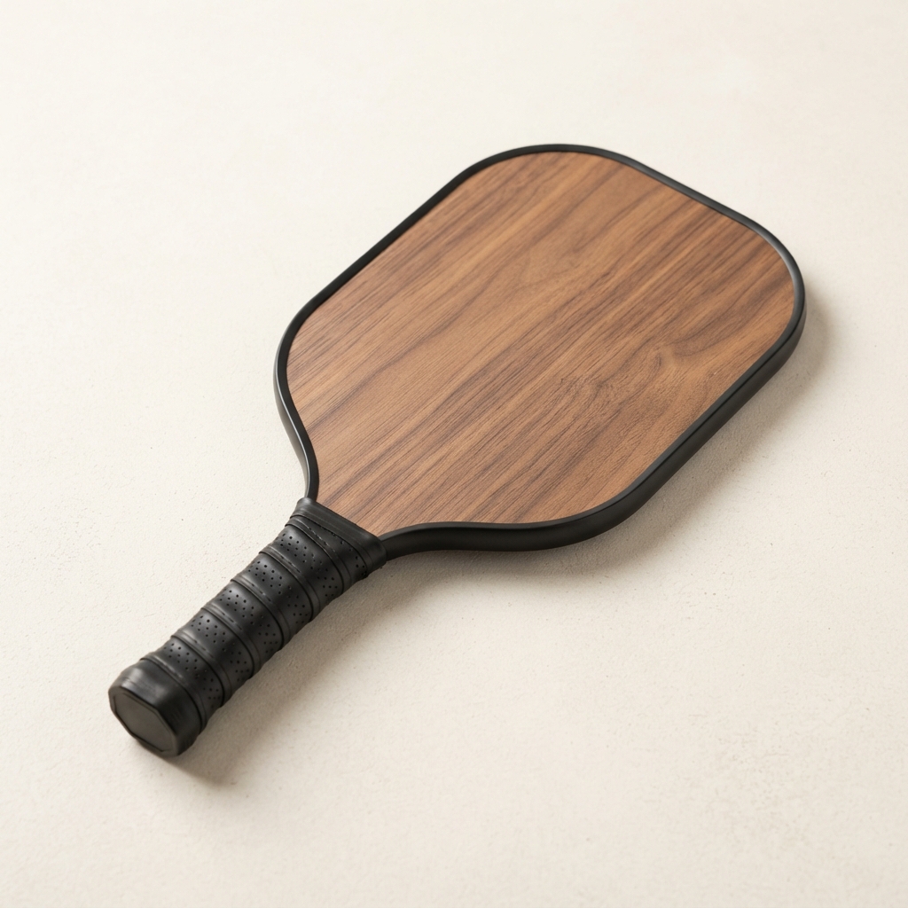 Close-up of a wood-grain pickleball paddle face
