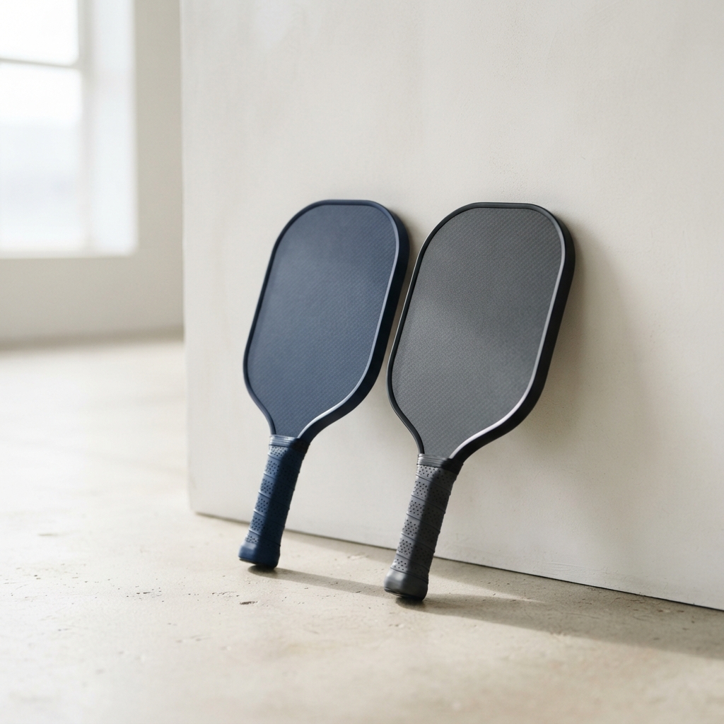 Two pickleball paddles in navy and charcoal leaning against a bench