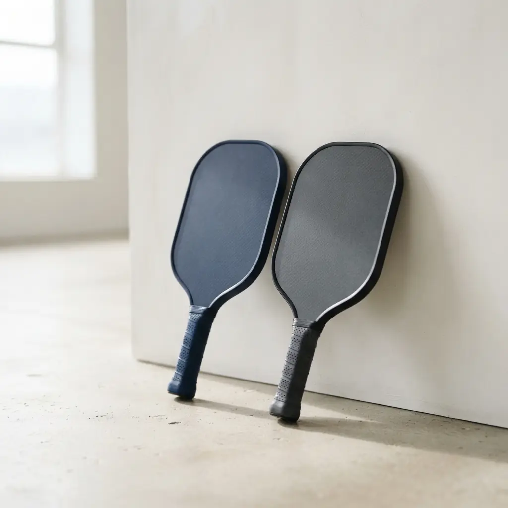 Two pickleball paddles in navy and charcoal leaning against a bench