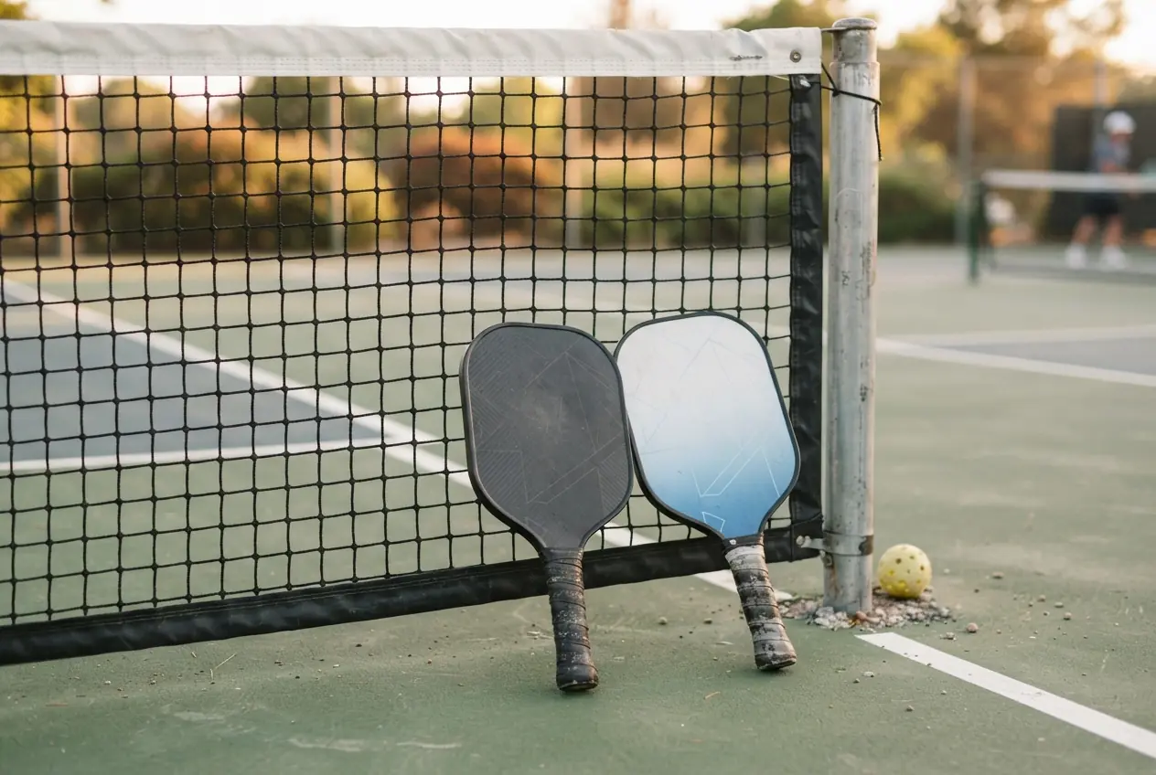 Two pickleball paddles leaning against a net post