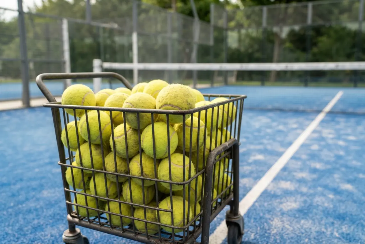 Padel balls collected in a court-side hopper