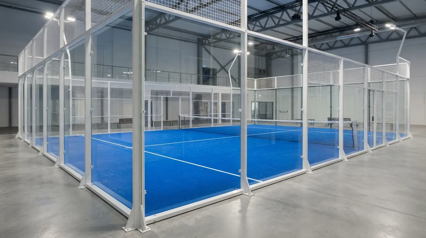 Enclosed indoor padel court with glass walls