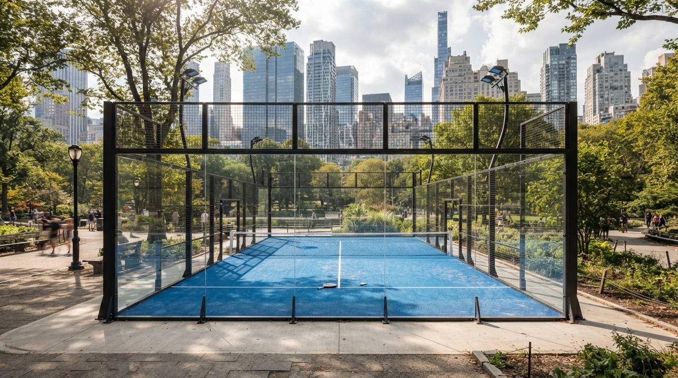 Modern outdoor padel court enclosed in glass walls in a city park