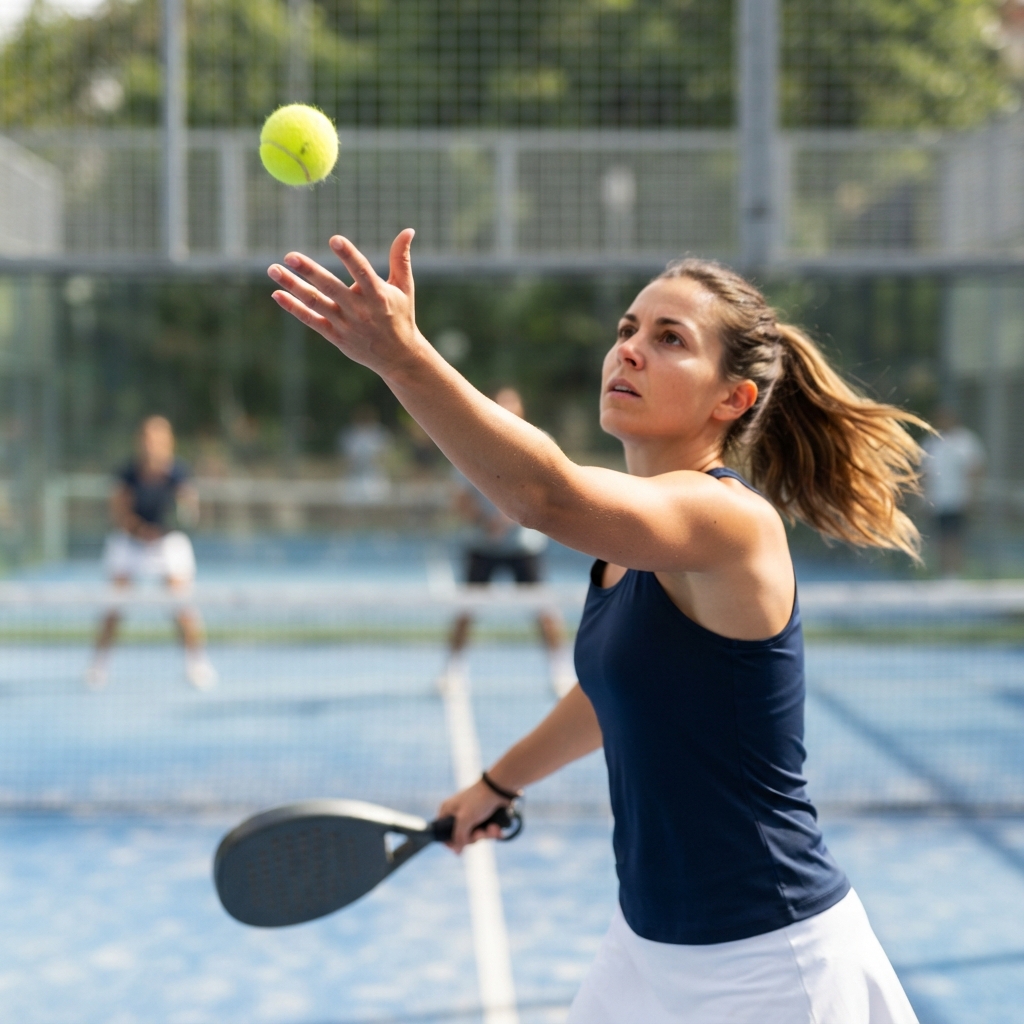 Padel player mid-serve on an enclosed glass court