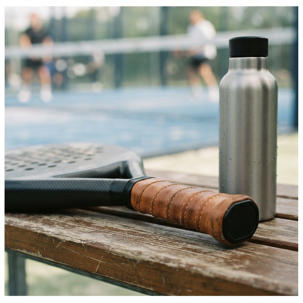 Padel rackets resting against a courtside bench