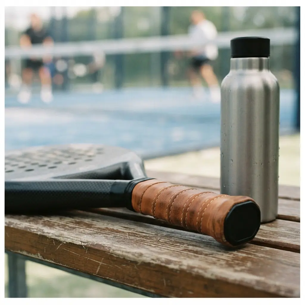 Padel rackets resting against a courtside bench
