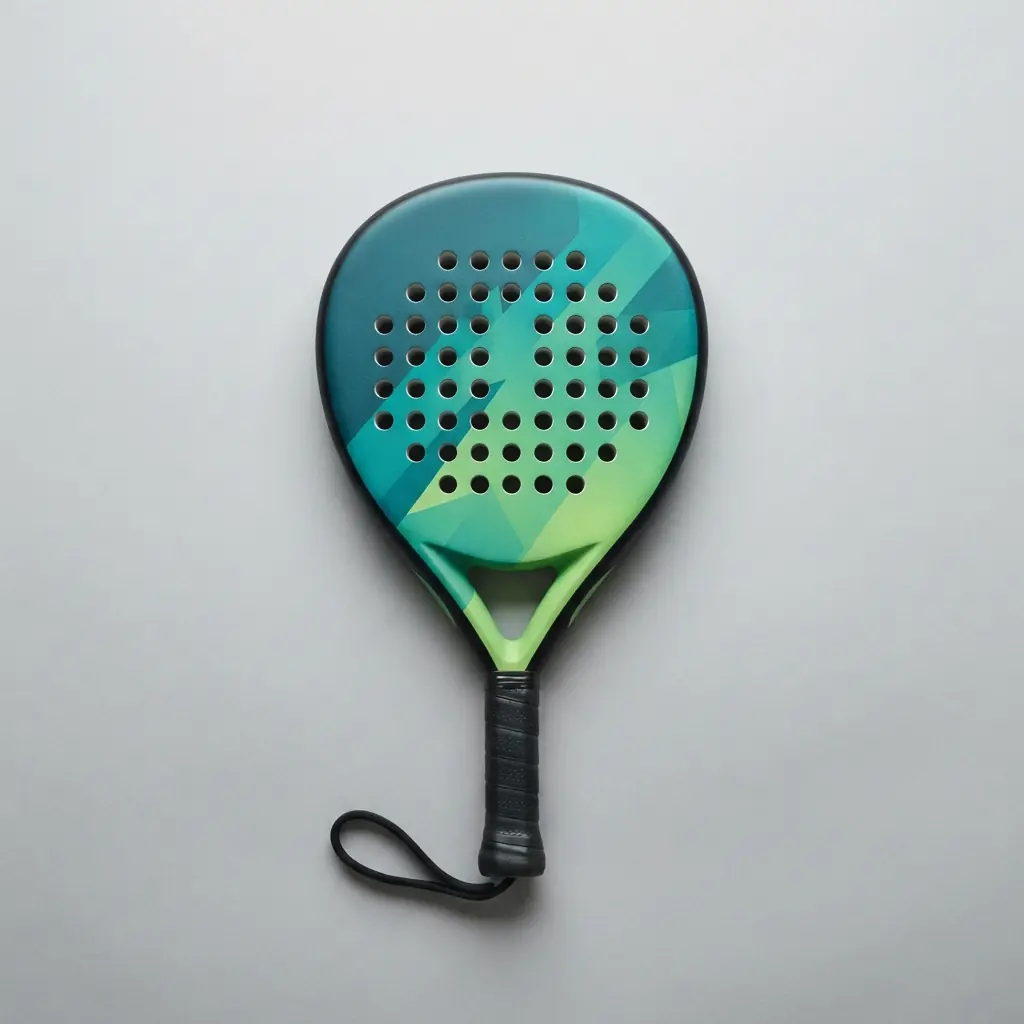 Teal padel racket resting against a bench